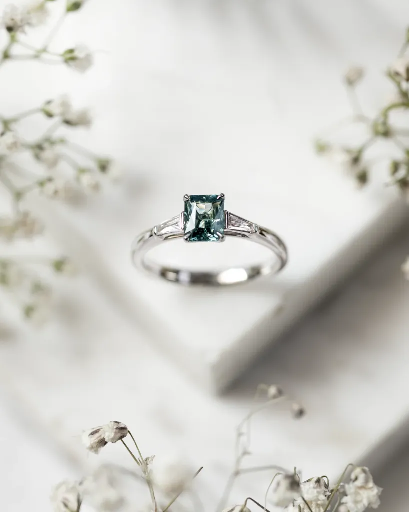 Platinum 0.97ct Teal Sapphire and Diamond Ring